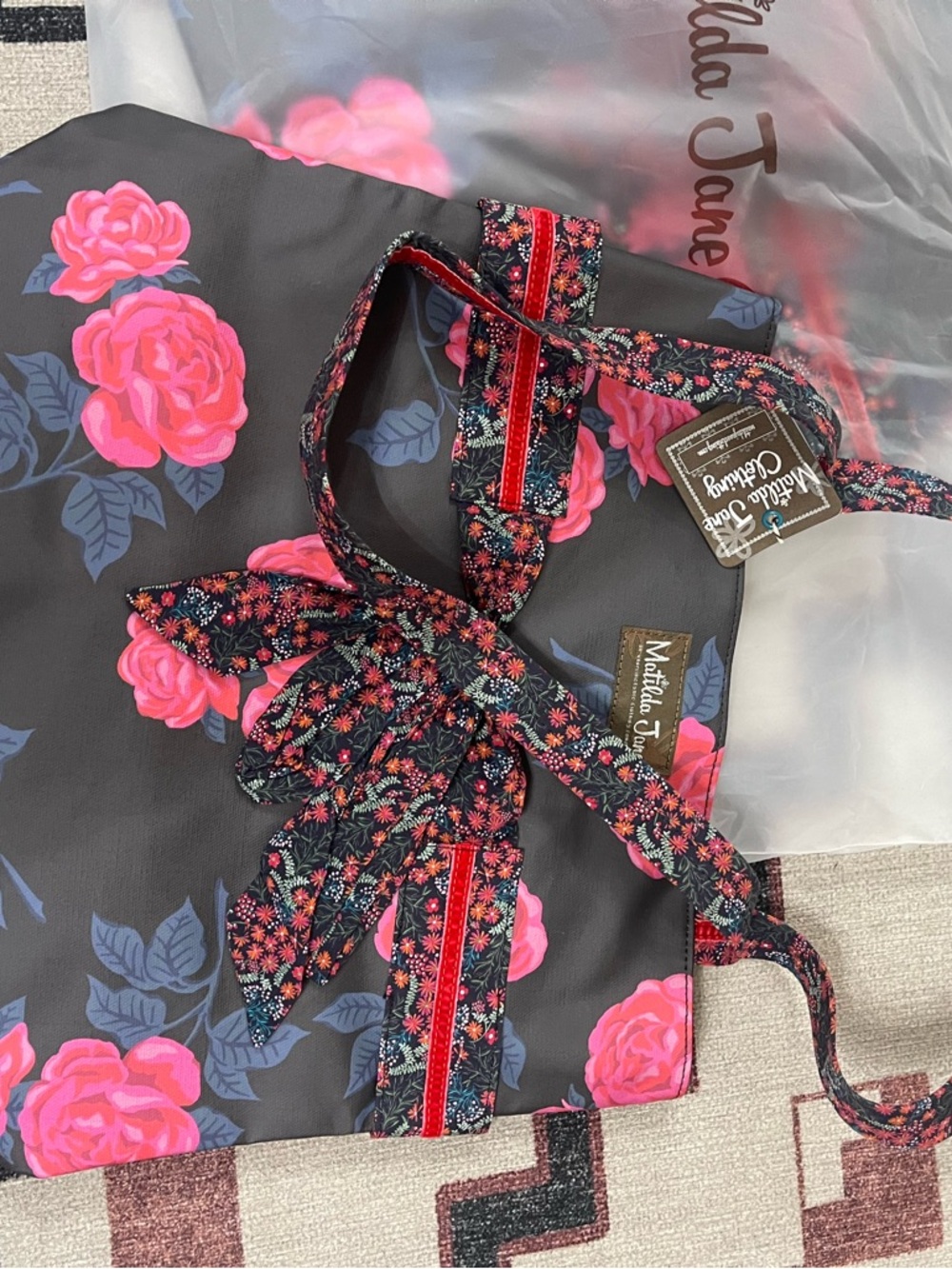 Matilda Jane Black Tote with Bright Pink Rose and Navy Leaf Accents NWT